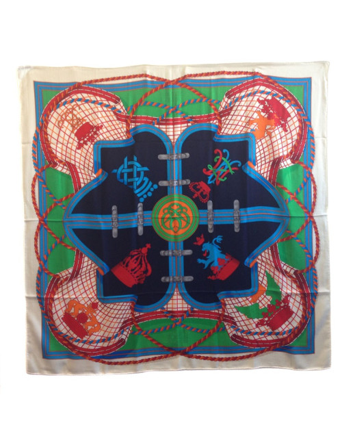 Châle HERMES "Grande tenue" en cachemire et soie bleu 