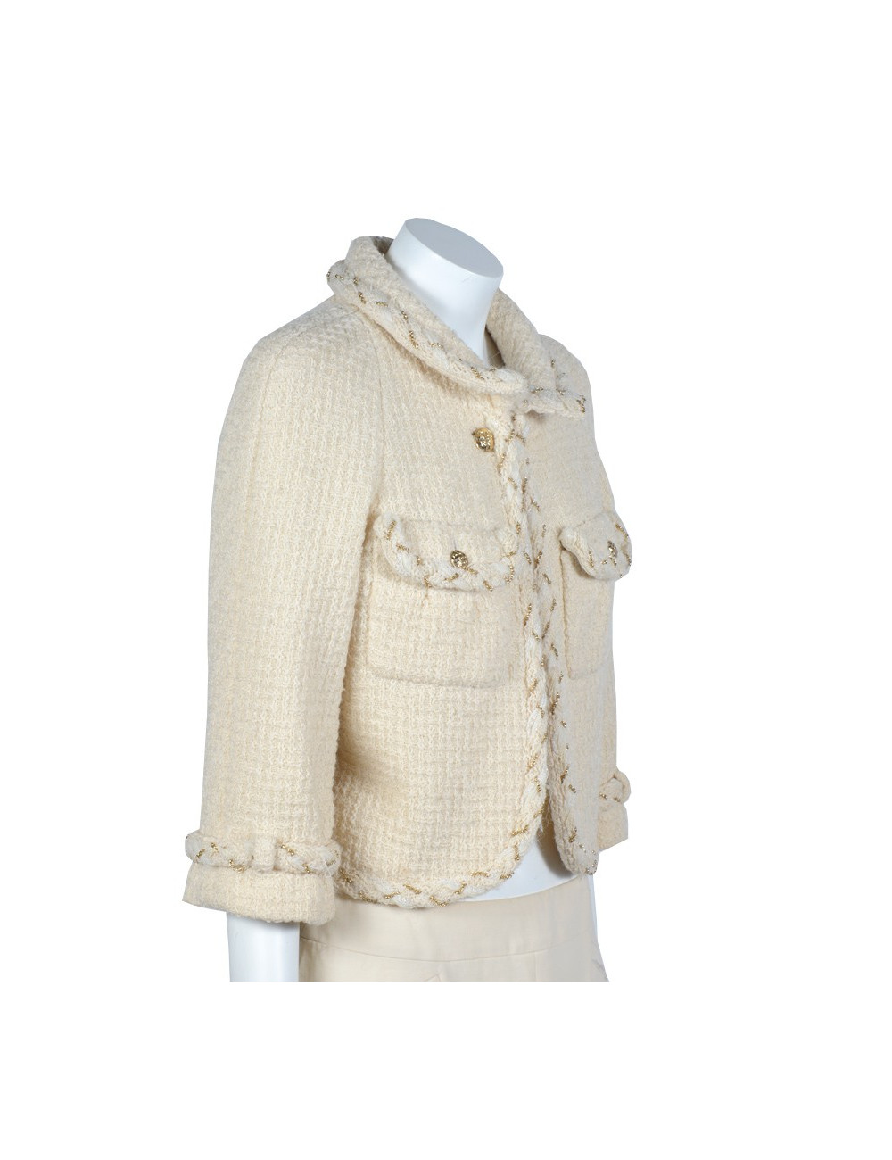 Veste CHANEL T36 tweed beige et chaîne dorées