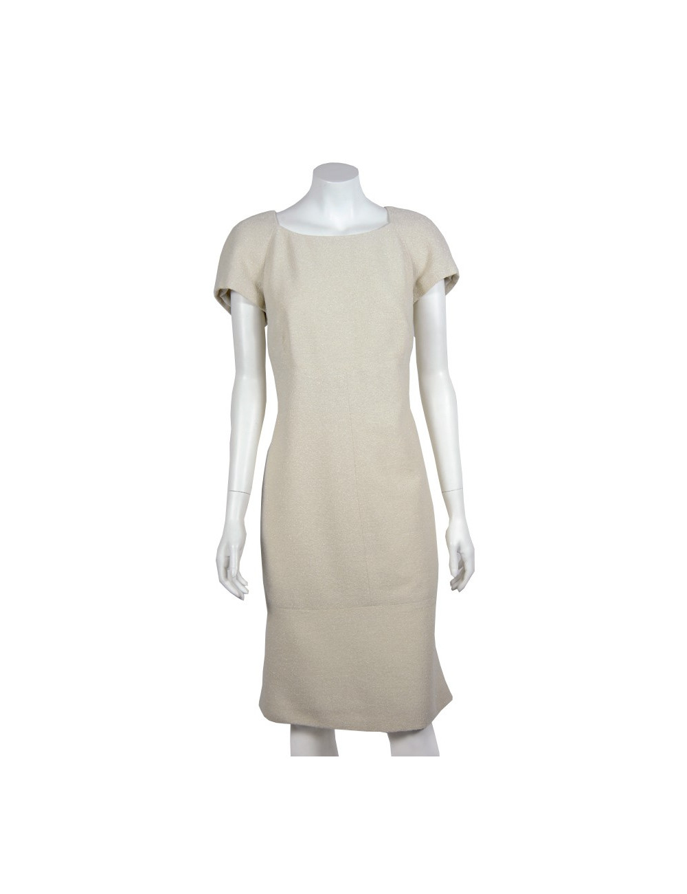 Robe CHANEL T 42 en laine et soie écru et fils d'argent