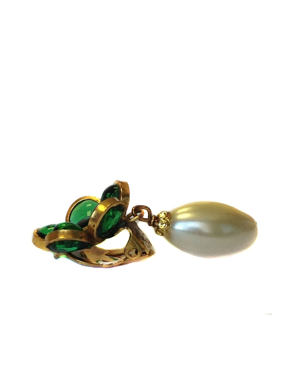 Clips floweret Marguerite of Valois Emerald glass and Pearl oval Pearl