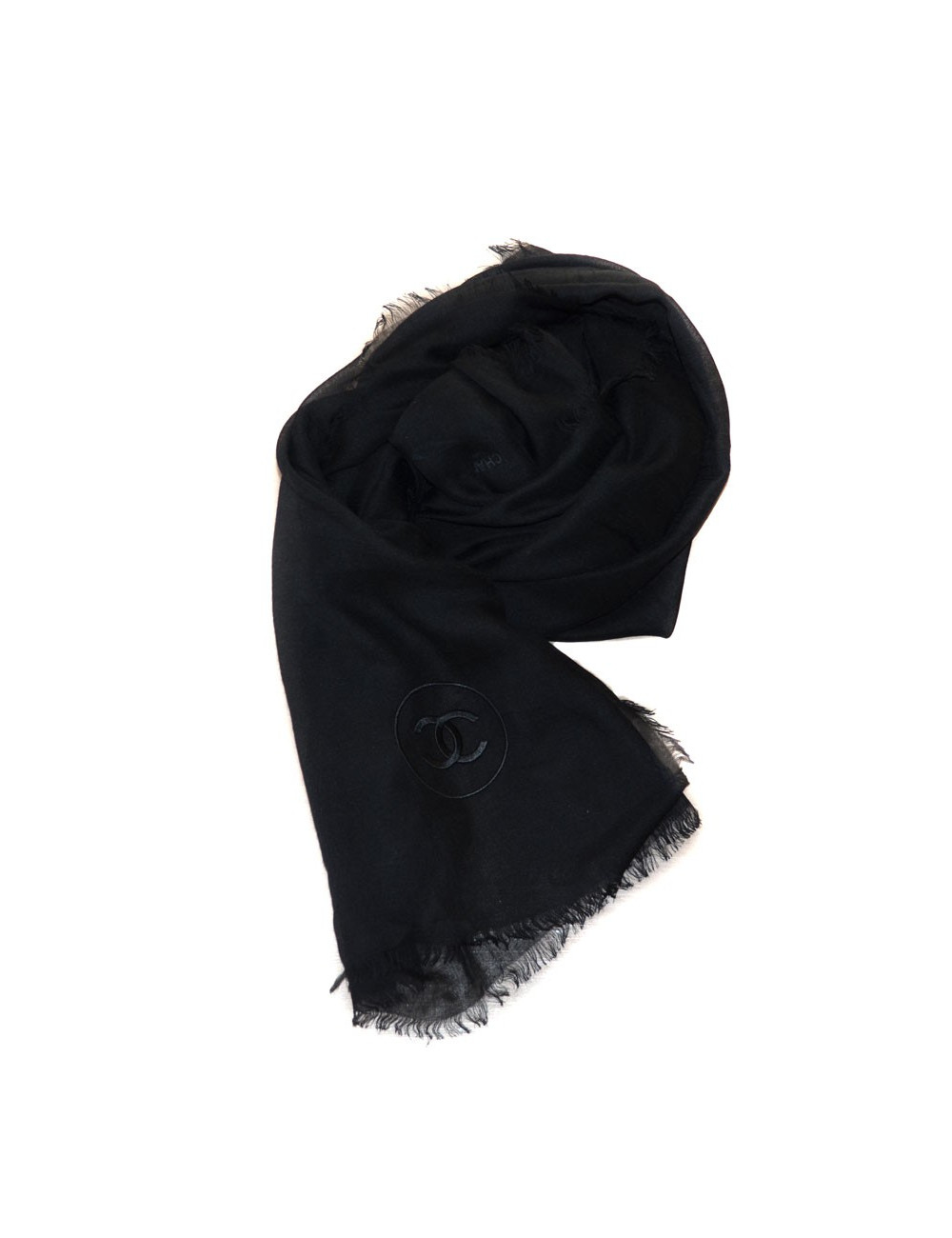 Black CHANEL stole to fringe modal and cashmere