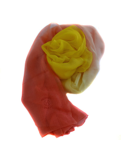 HERMES feather stole "New libris" yellow gradient Pink Cashmere and silk