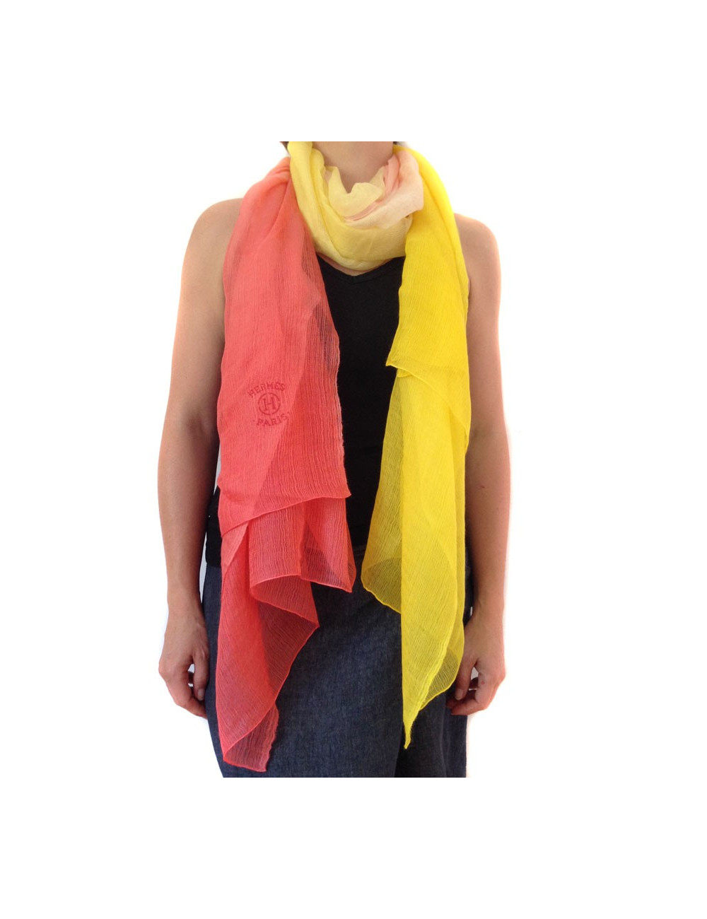 HERMES feather stole "New libris" yellow gradient Pink Cashmere and silk