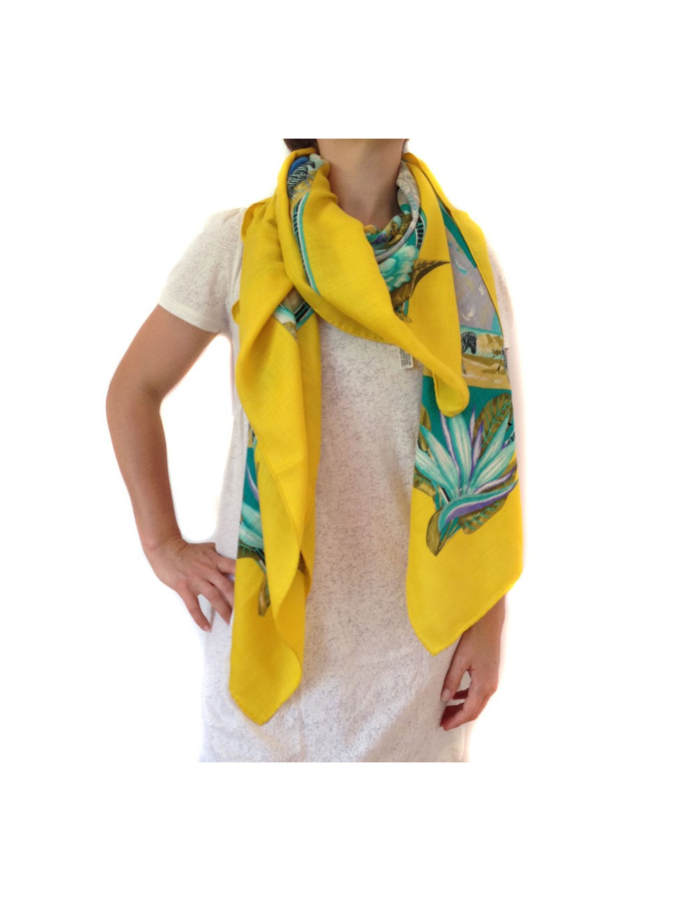 Shawl HERMES "Tropics" in Kashmir and yellow silk