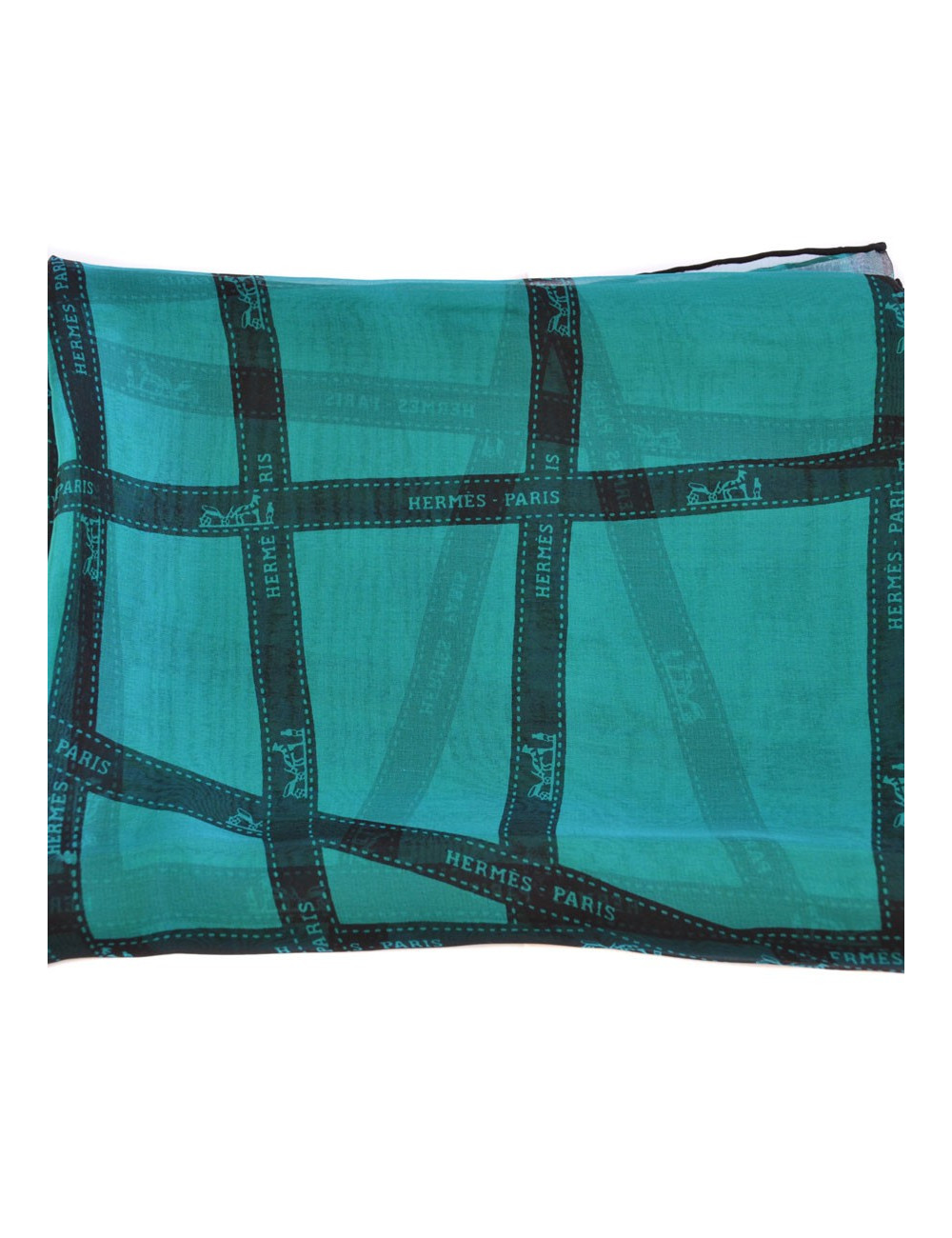 Foulard HERMES  mousseline de soie bleue à reflets verts motif bolduc