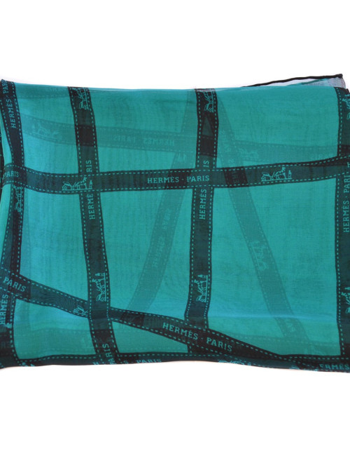 Foulard HERMES  mousseline de soie bleue à reflets verts motif bolduc