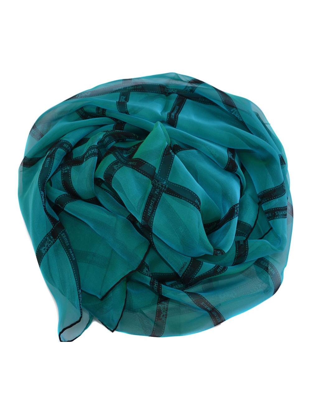 Foulard HERMES en mousseline de soie bleue à reflets verts motif 