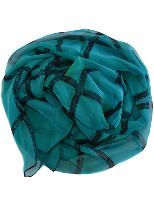 Foulard HERMES en mousseline de soie bleue à reflets verts motif 