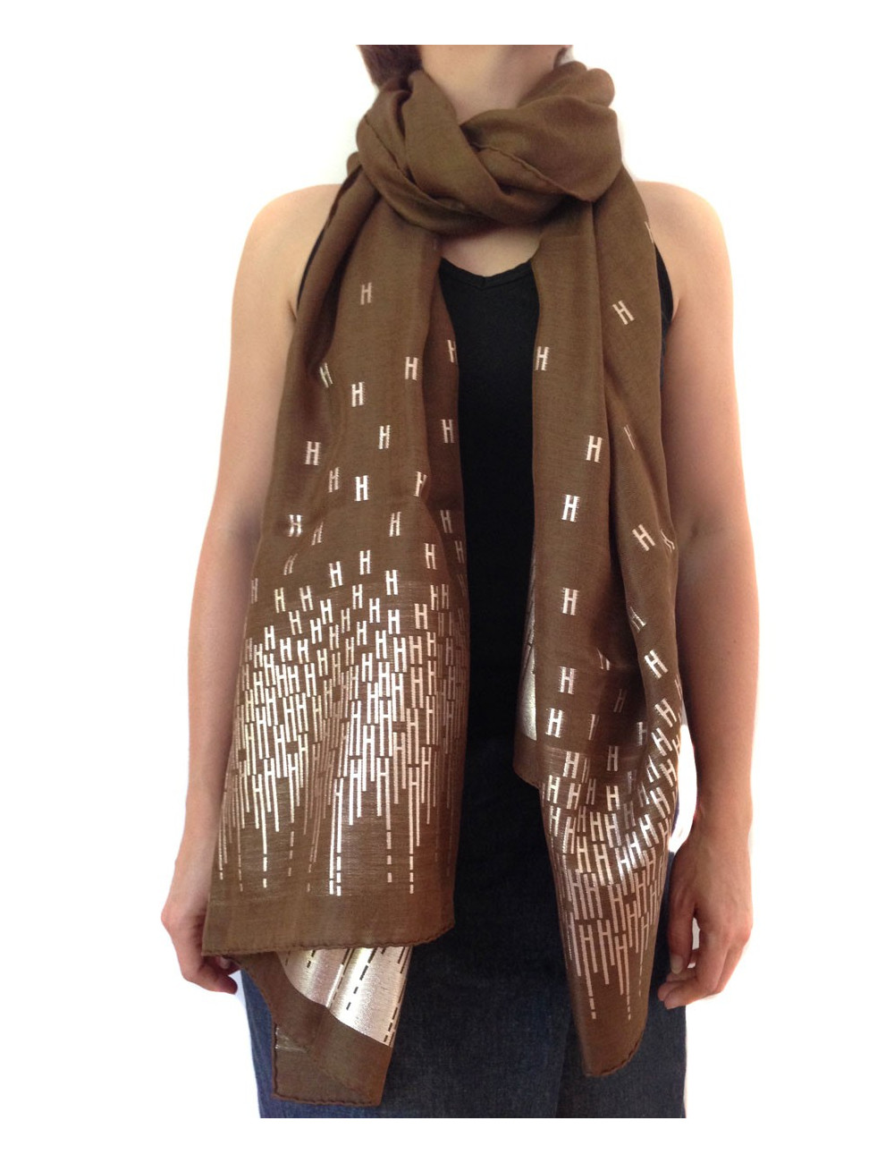 HERMES Brown, gold with silver threads stole in silk and cashmere