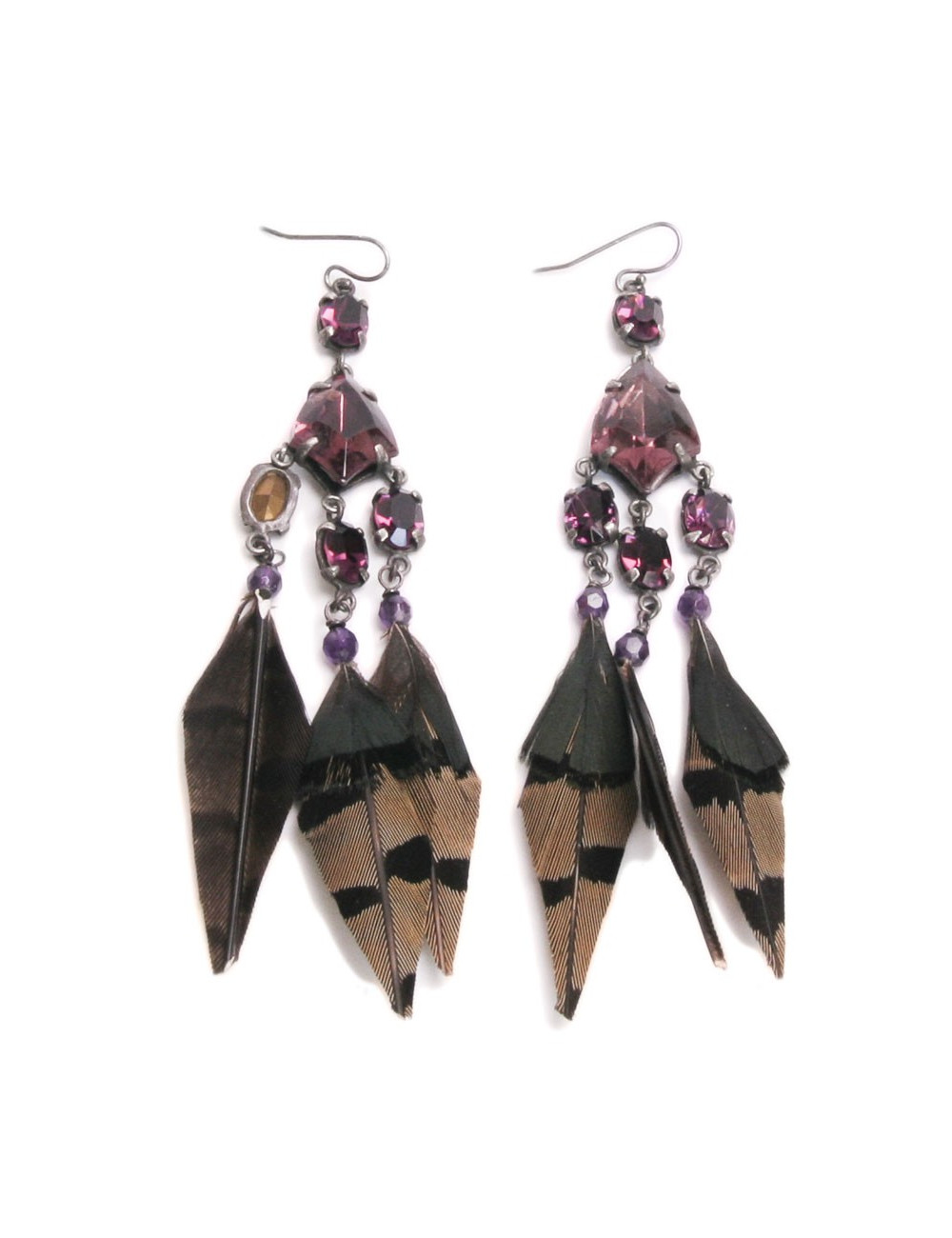 Clous d'oreille RALPH LAUREN plumes et pierres violettes