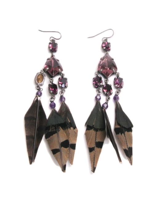 Clous d'oreille RALPH LAUREN plumes et pierres violettes