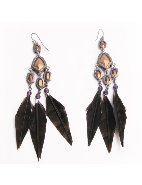Clous d'oreille RALPH LAUREN plumes et pierres violettes