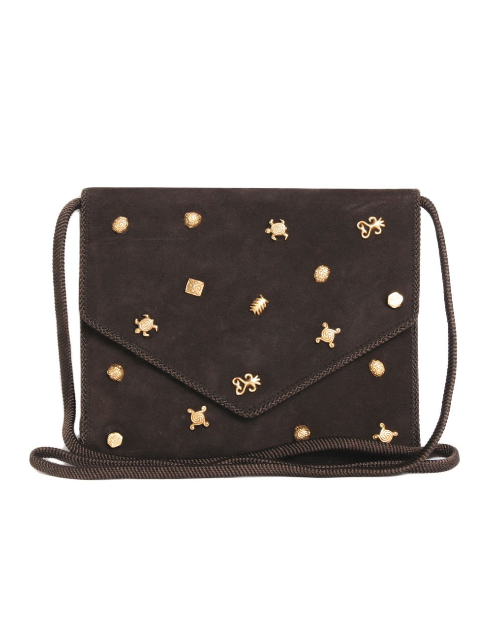 Sac pochette DOMINIQUE AURIENTIS en daim marron sertie de bijoux dorés