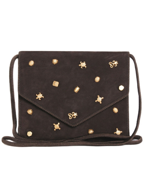 Sac pochette DOMINIQUE AURIENTIS en daim marron sertie de bijoux dorés