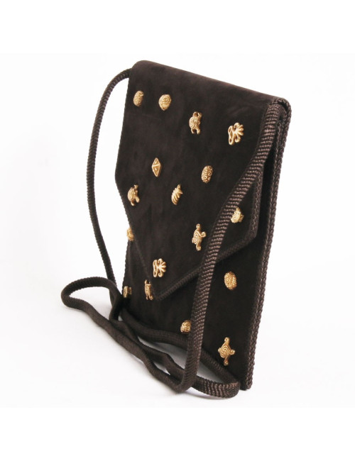 Sac pochette DOMINIQUE AURIENTIS en daim marron sertie de bijoux dorés