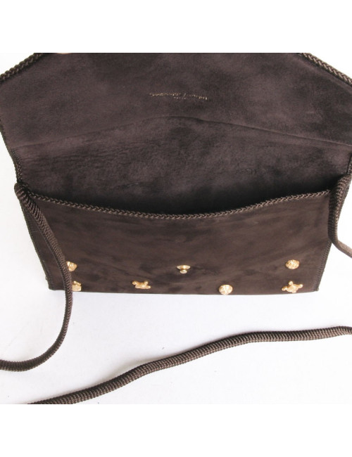 Sac pochette DOMINIQUE AURIENTIS en daim marron sertie de bijoux dorés