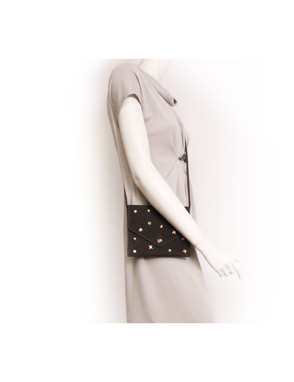 Bag pouch DOMINIQUE AURIENTIS in brown suede studded gold jewelry