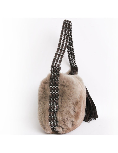 CHANEL bag in Tan chinchilla and silver chains