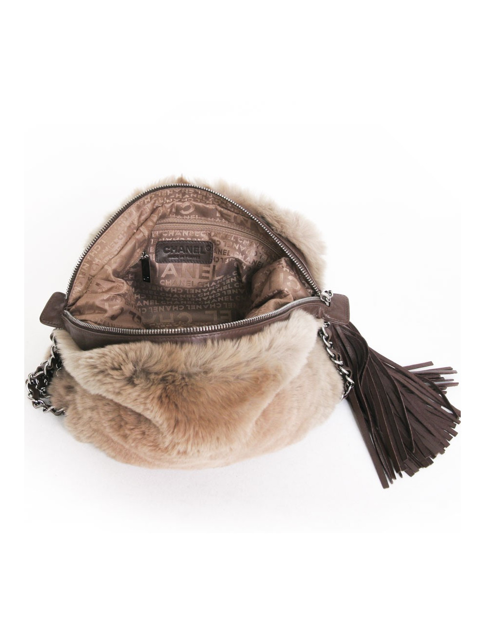 CHANEL bag in Tan chinchilla and silver chains