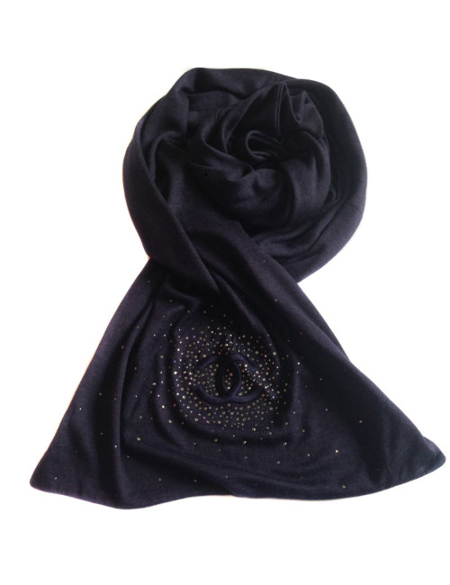 Blue CHANEL scarf dark cashmere, silk and Swarovski rhinestones