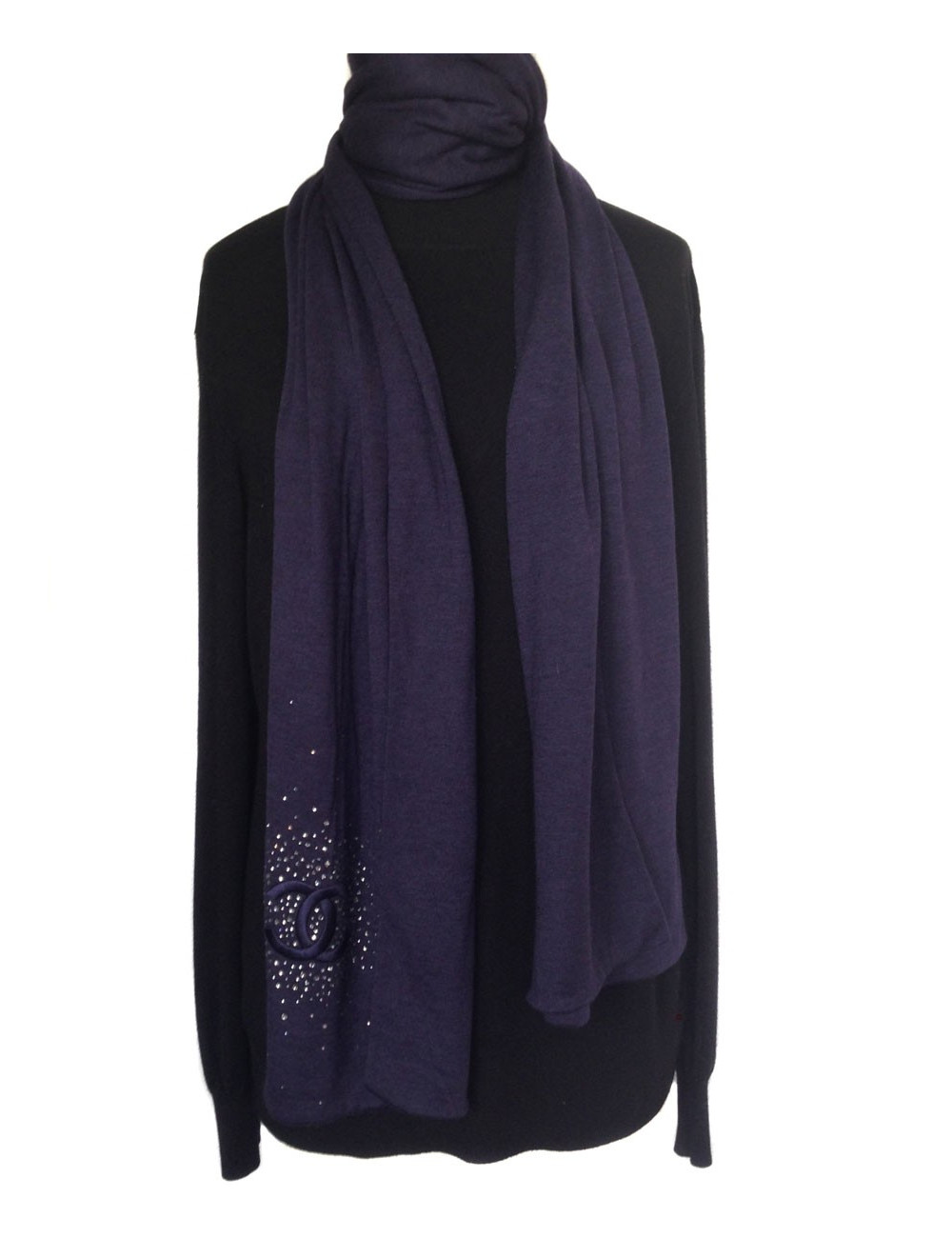 Blue CHANEL scarf dark cashmere, silk and Swarovski rhinestones