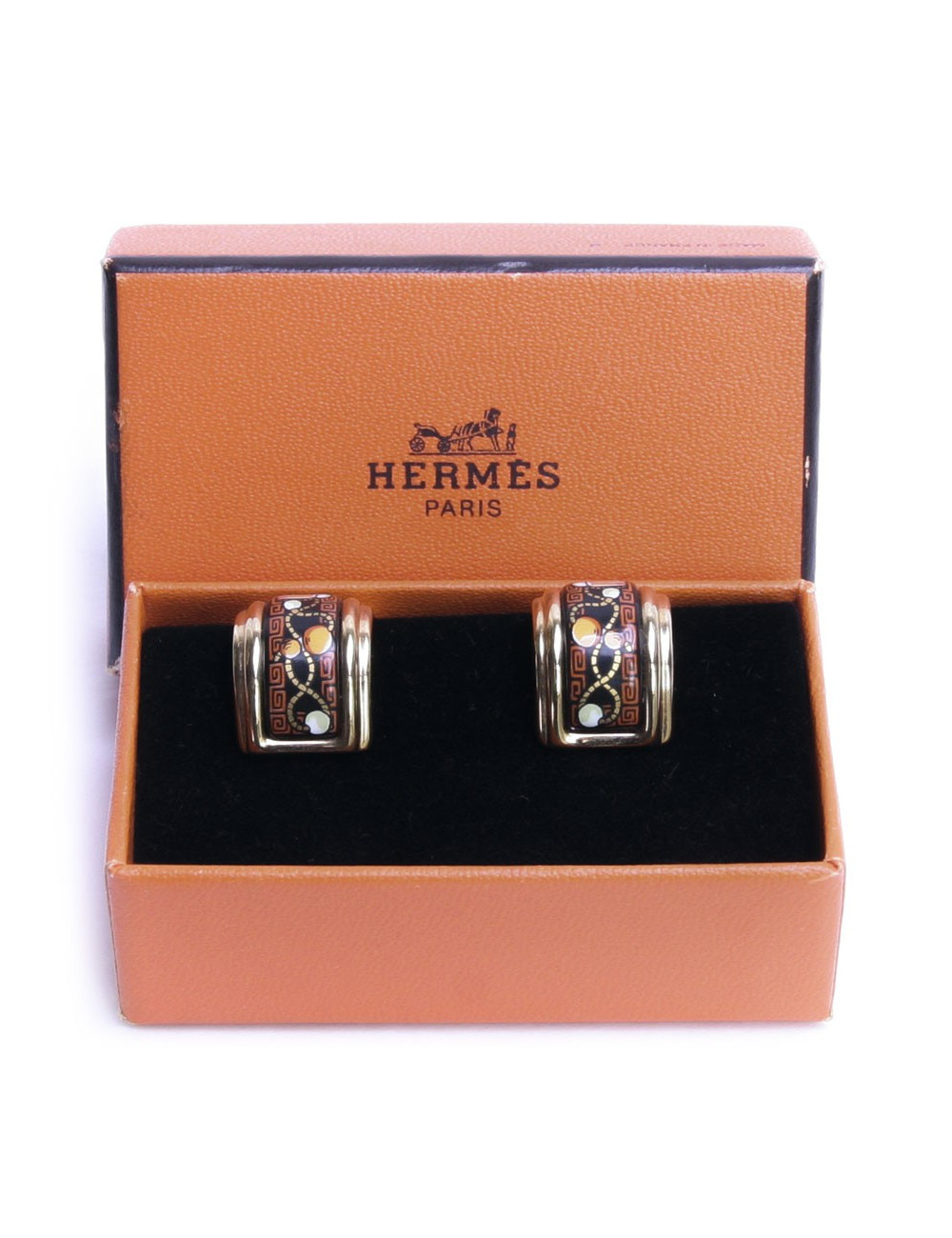 HERMES black and orange enamel ear clips