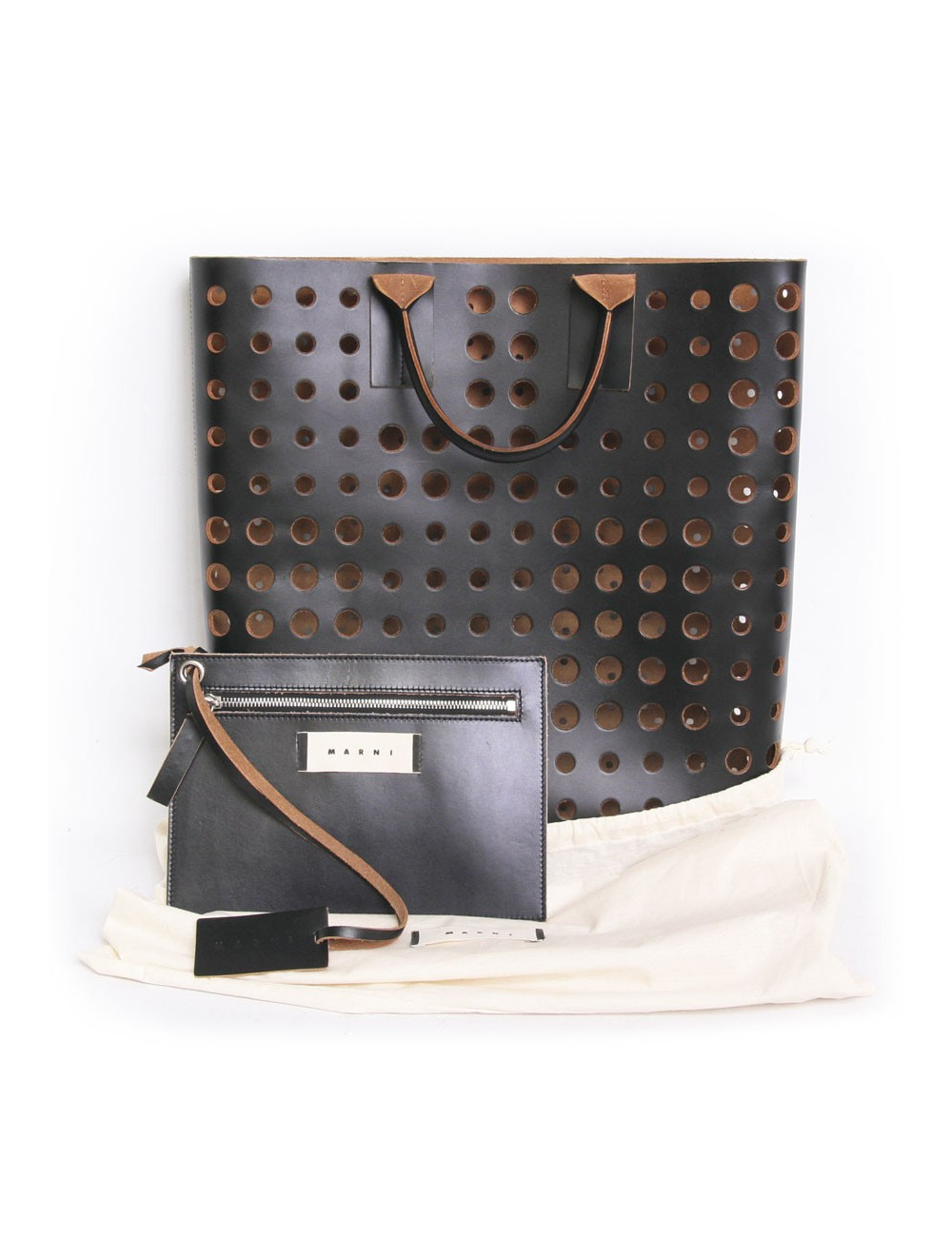 Cabas  MARNI en cuir  perforé  noir