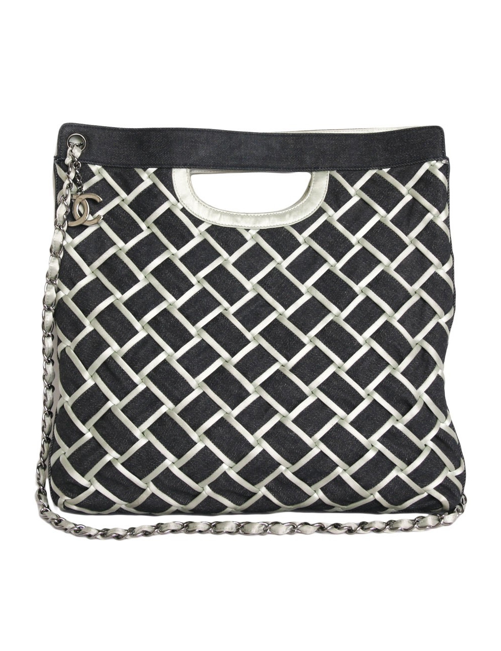 Sac cabas CHANEL en denim bleu et satin duchesse vert d'eau