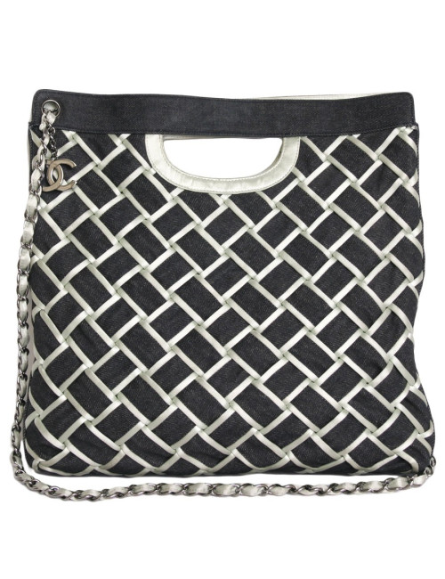 Sac cabas CHANEL en denim bleu et satin duchesse vert d'eau