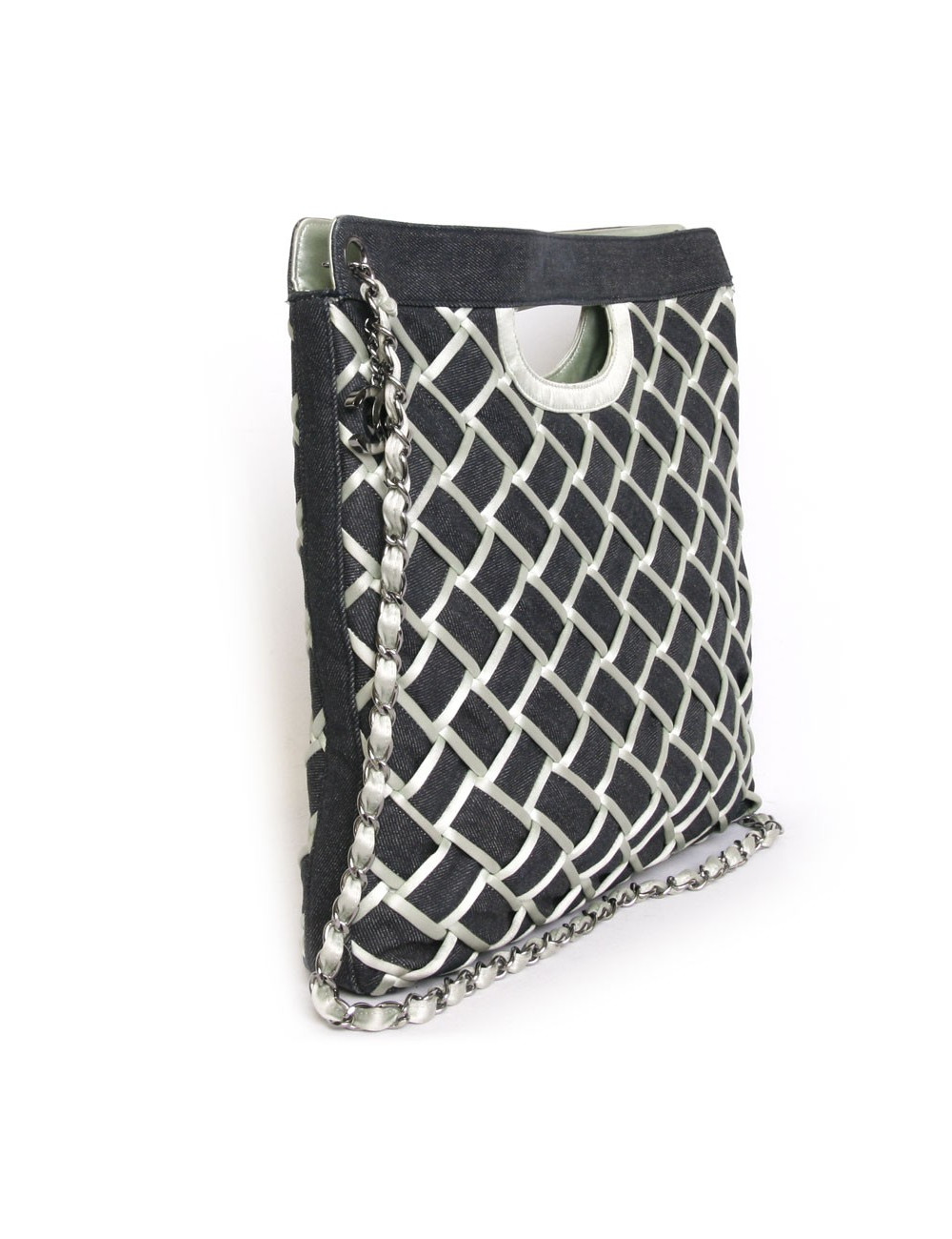 Sac cabas CHANEL en denim bleu et satin duchesse vert d'eau