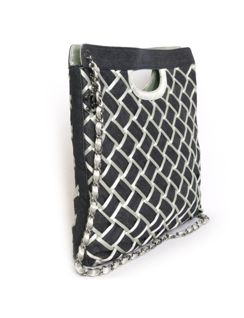 Sac cabas CHANEL en denim bleu et satin duchesse vert d'eau