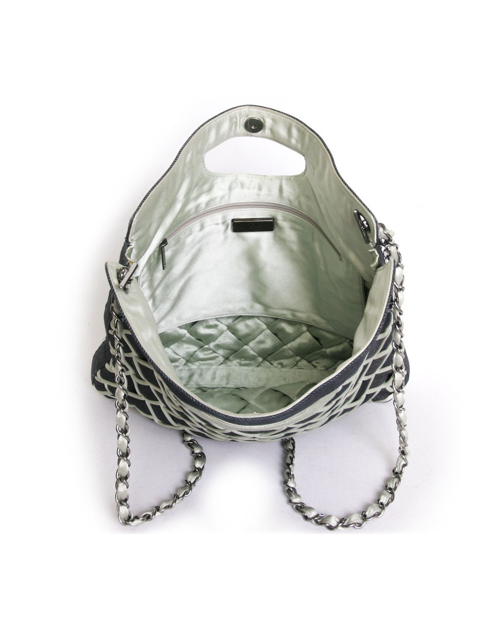 Sac cabas CHANEL en denim bleu et satin duchesse vert d'eau