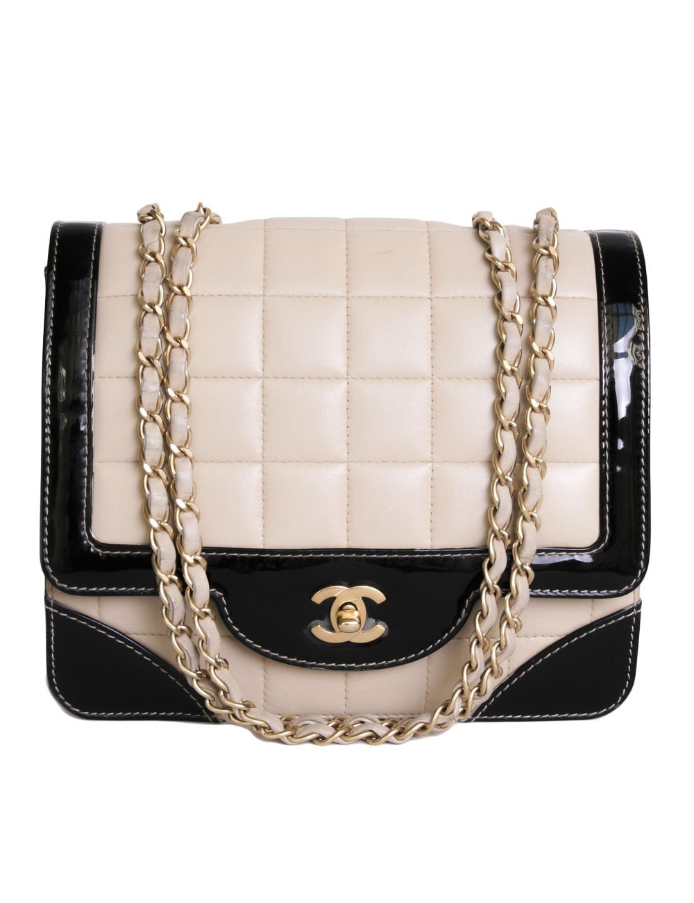 Sac CHANEL en cuir beige et  vernis noir vintage
