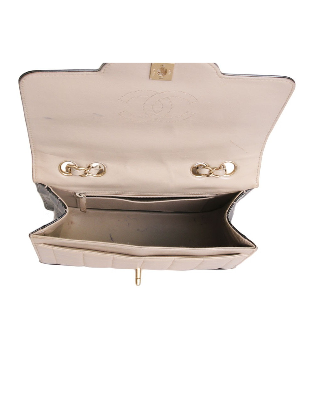 Sac CHANEL en cuir beige et  vernis noir vintage