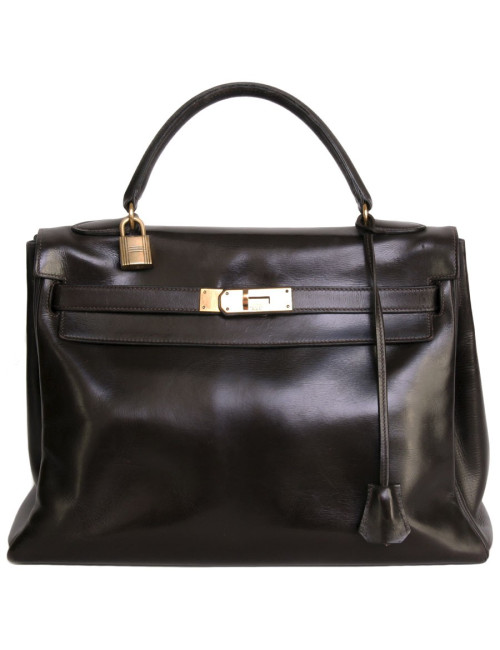 Sac Kelly 32 cuir box marron chocolat Vintage