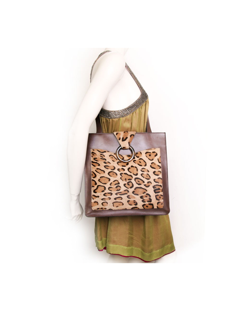 CHRISTIAN DIOR bag in brown box leather and leopard pattern skin