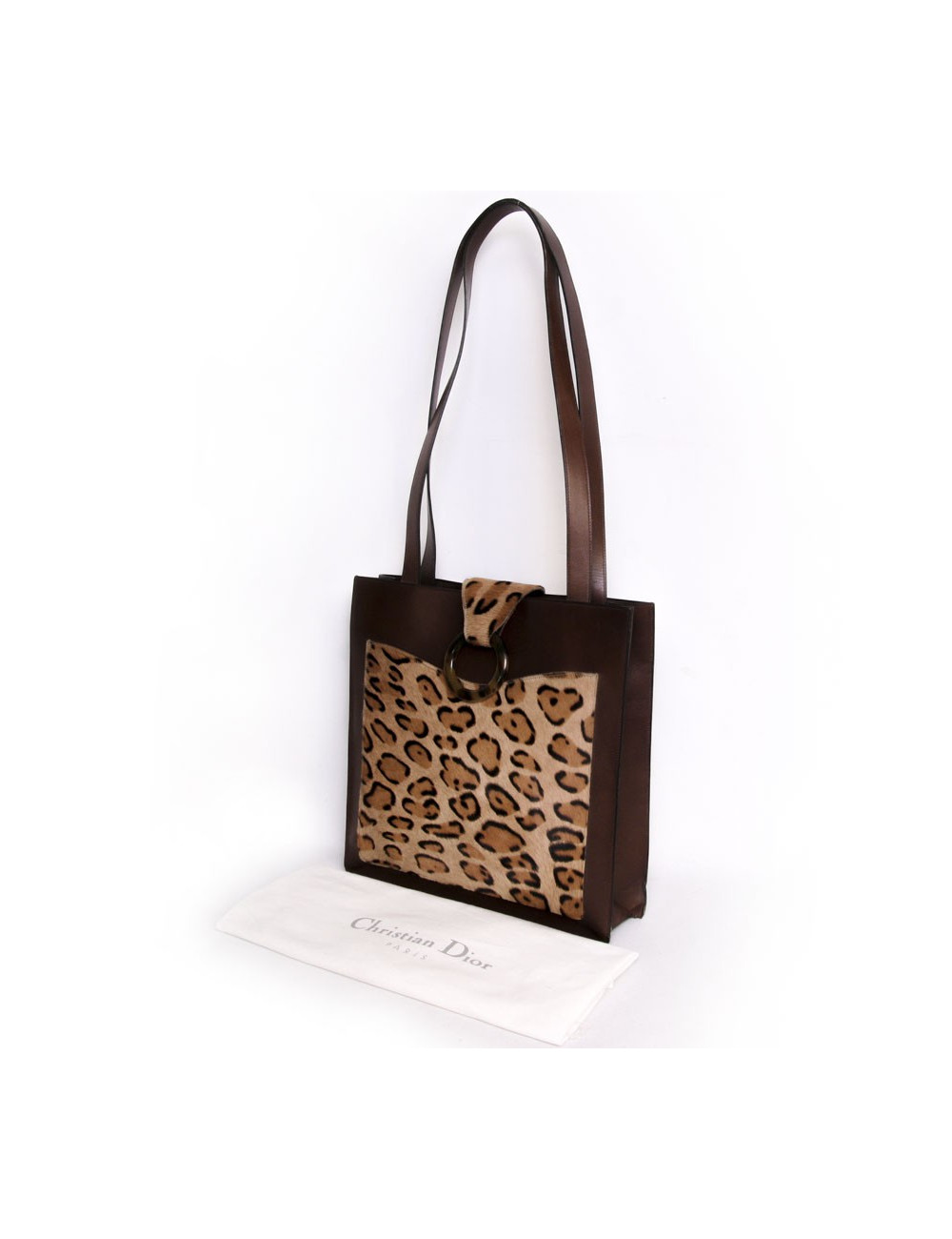 CHRISTIAN DIOR bag in brown box leather and leopard pattern skin