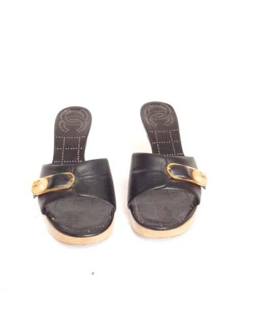 CHANEL clogs T 39.5 black leather and light wood