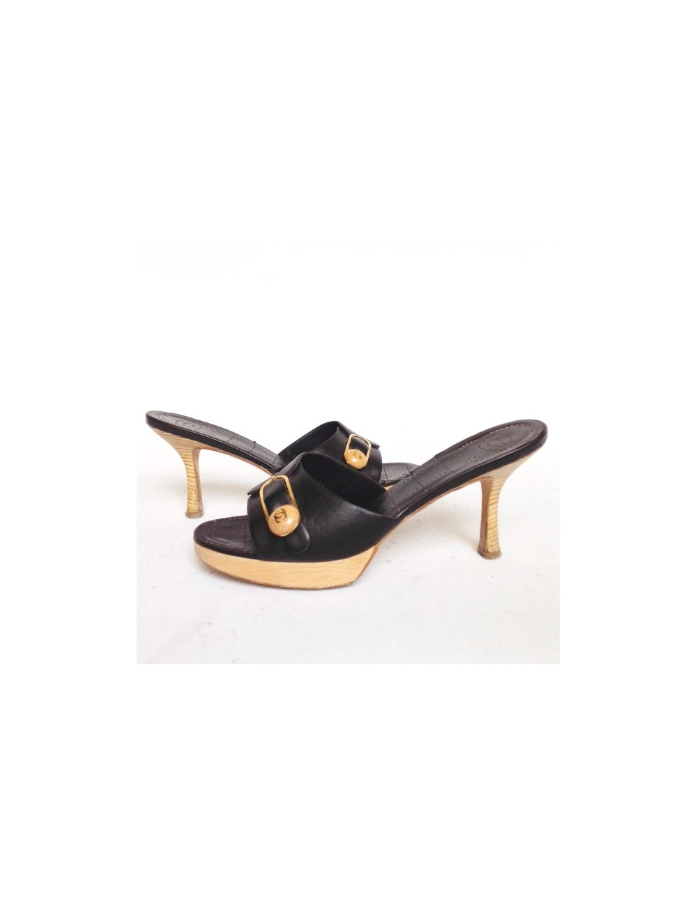 CHANEL clogs T 39.5 black leather and light wood