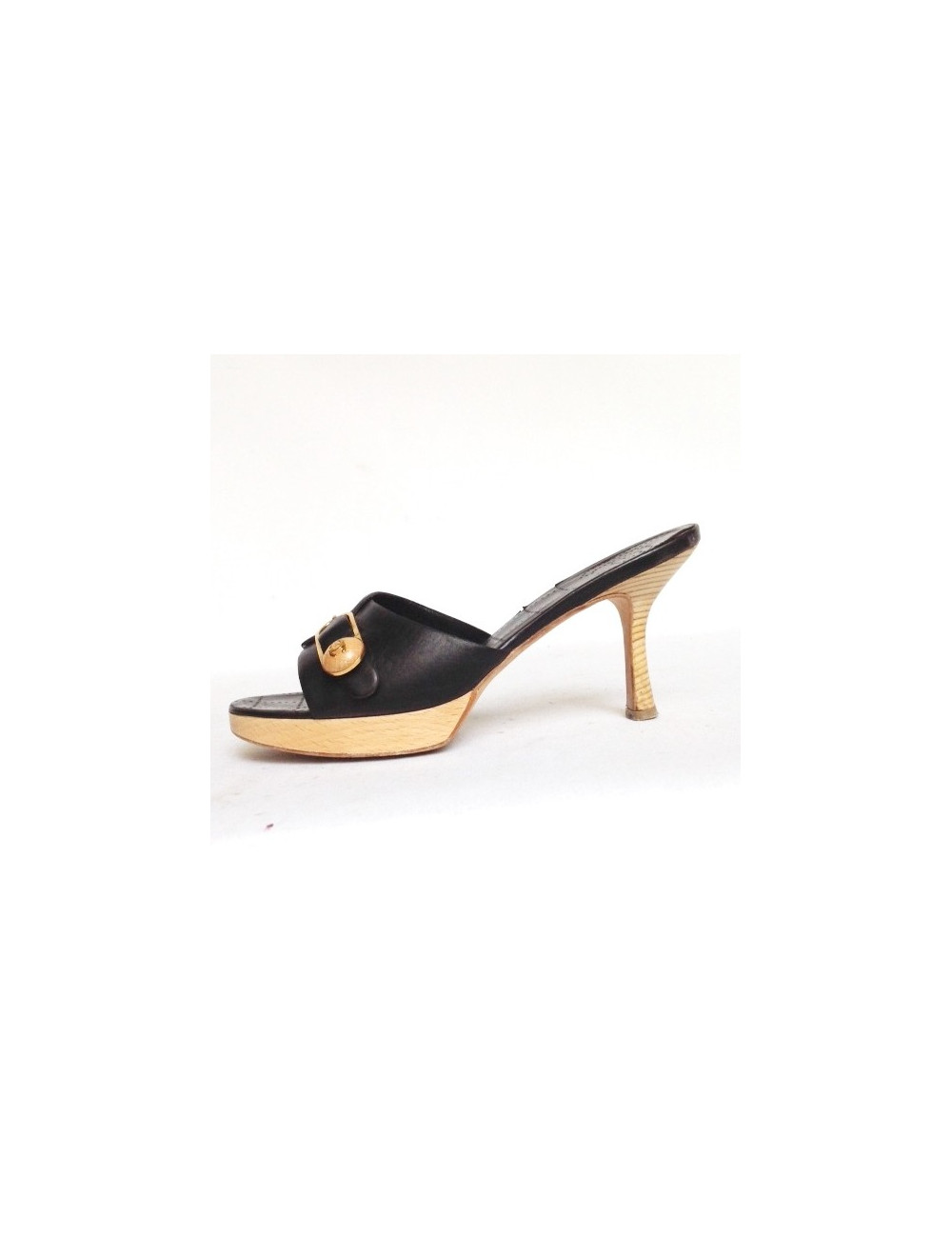 CHANEL clogs T 39.5 black leather and light wood