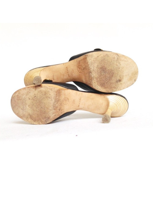 CHANEL clogs T 39.5 black leather and light wood