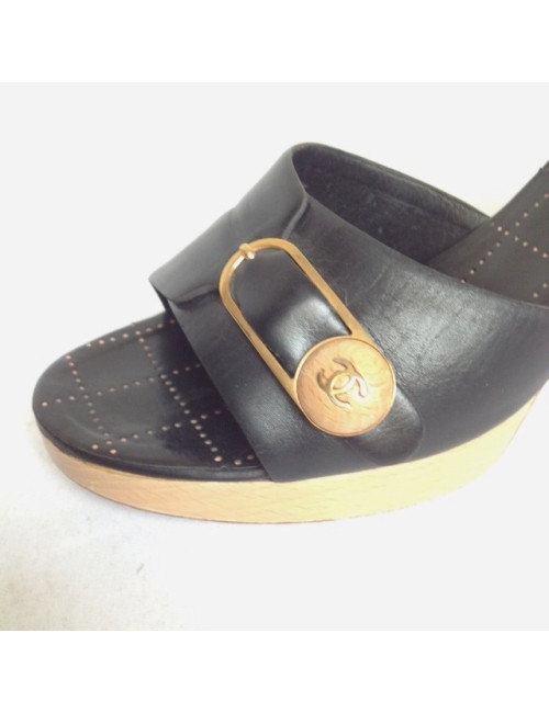 CHANEL clogs T 39.5 black leather and light wood