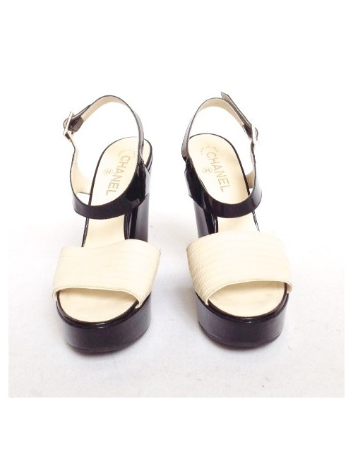 Sandales à plateforme CHANEL taille 40 bicolores en cuir verni noir et croco blanc