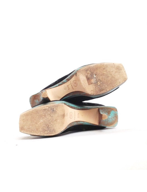 CHANEL t. 39.5 Paris Shanghai boots in Black Suede platform printed and painted wood green and gold