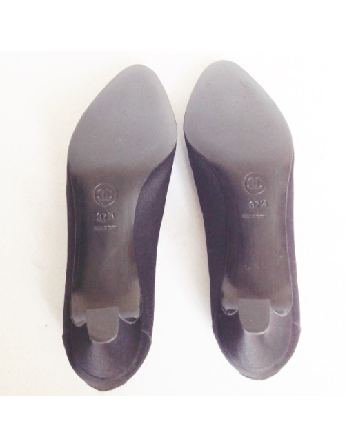 Escarpins couture CHANEL T37.5 en satin duchesse  noirs