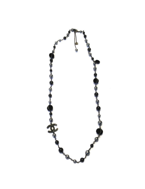 Long sautoir CHANEL en perles  velours , acier et noires