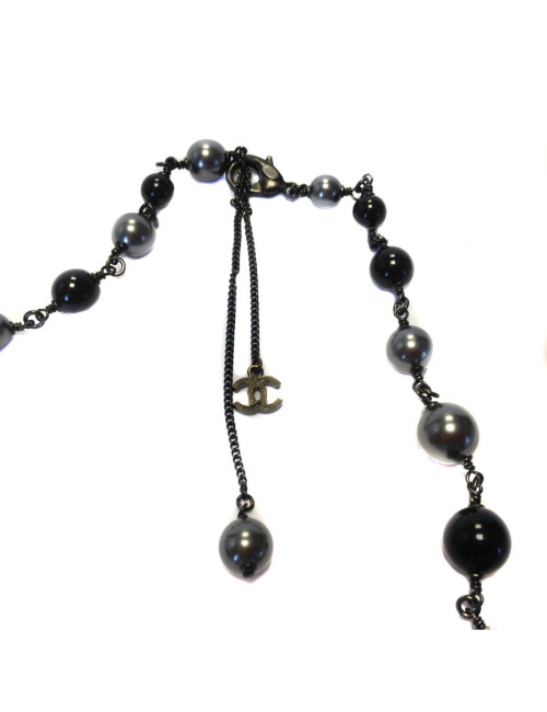 Long sautoir CHANEL en perles  velours , acier et noires