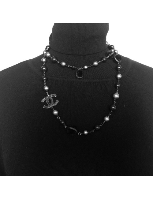 Long beaded velvet, steel and black CHANEL necklace