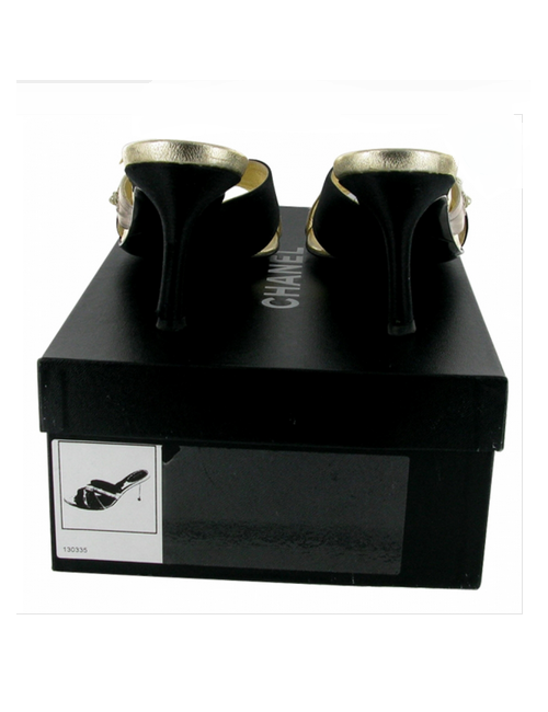 Mules Couture CHANEL T 36 in black and champagne silk rose embroidered pearls