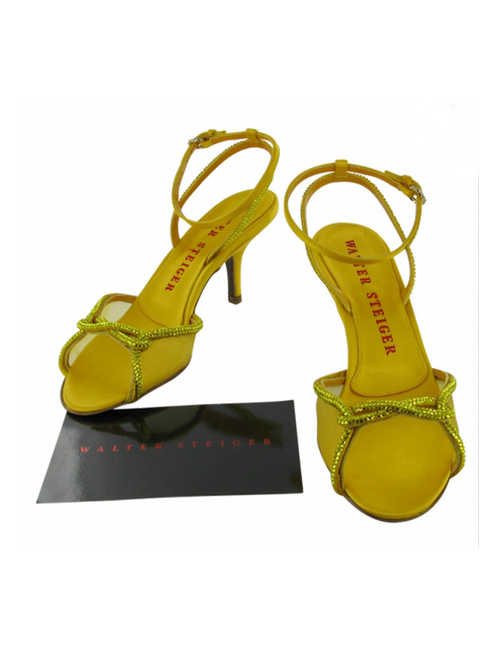 Escarpins Walter Steiger T36 satin jaune & strass émeraude